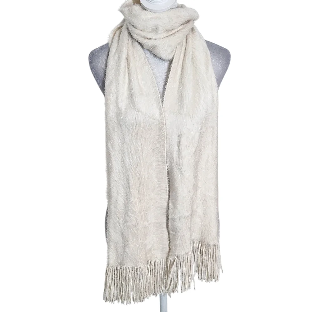 Cejon Cream Faux Fur Scarf with Fringe 8 x 74